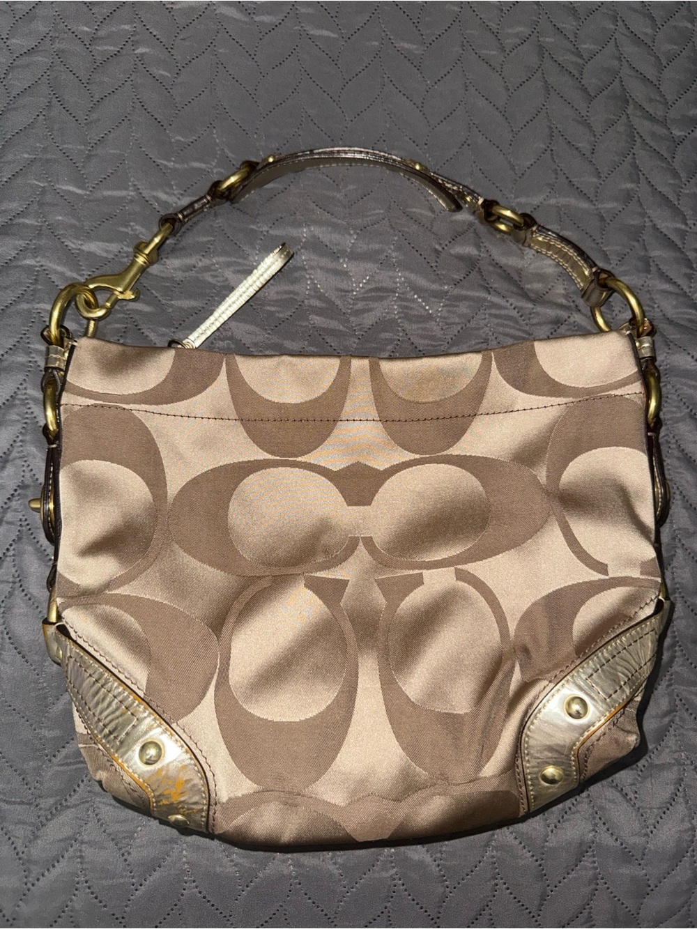 Coach Carly Tan and Light Brown Signature Jacquard Hobo